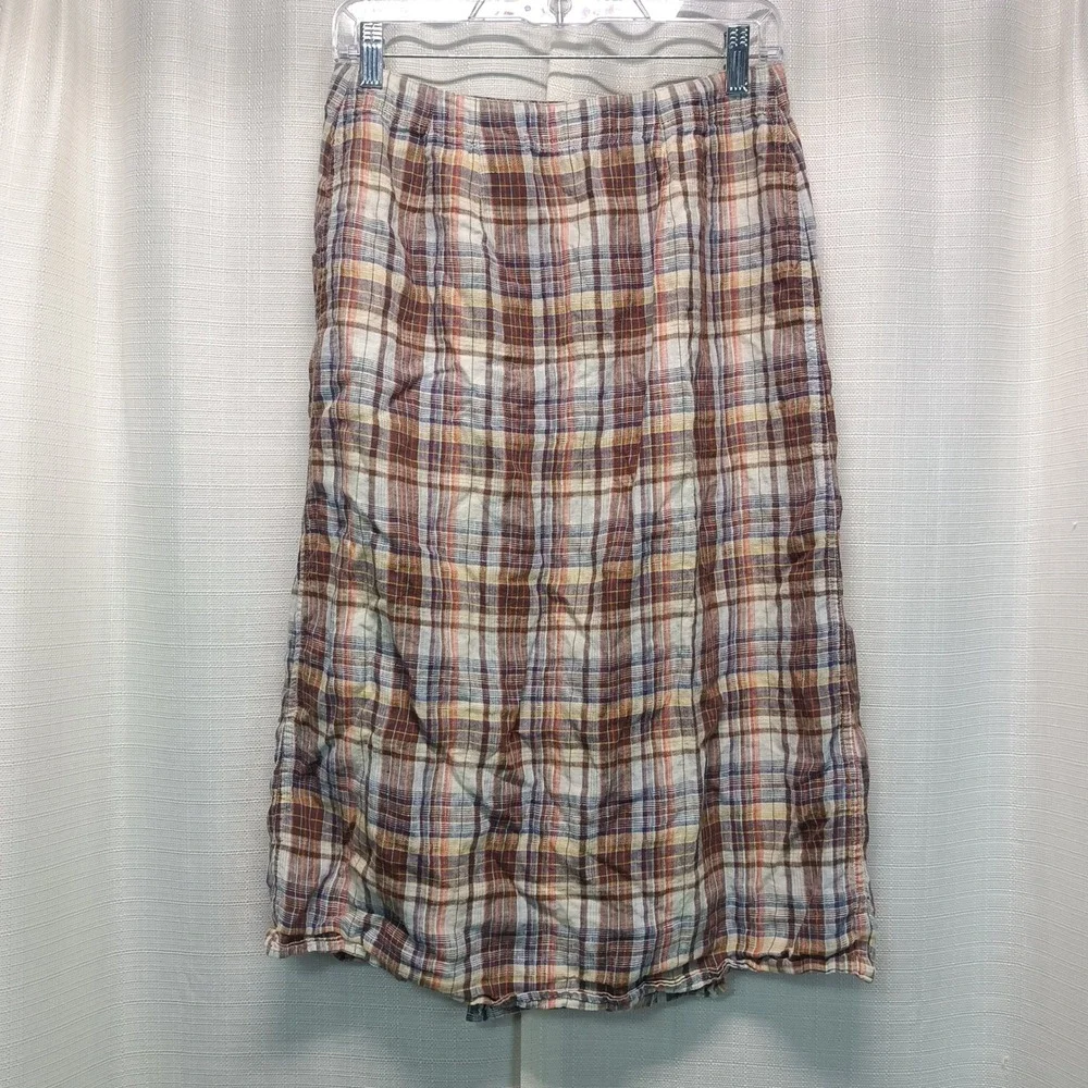 Eddie Bauer Women 4P Petite Plaid Linen Wrap Midi Skirt Brown Orange Blue Casual